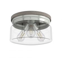  19152 - Hunter Devon Park Brushed Nickel and Grey Wood with Clear Glass 3 Light Flush Mount Ceiling Light